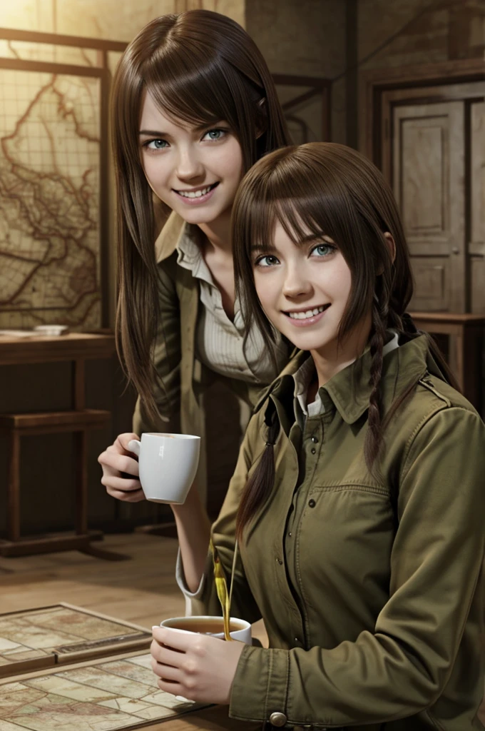 Screenshot of attack on Titan by a 23-year-old girl, light brown hair, green eyes, pale skin, in the background is in a room, drinking tea, is smiling screenshot of attack on titan (studios MAP)