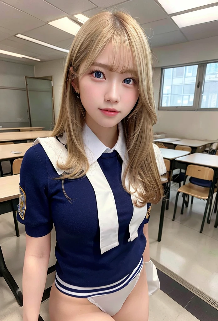 Highest quality, masterpiece,8k, Ultra-high resolution, (Realistic: 1.4), RAW Photos, Dynamic Pose,Blonde,((uniform)),Young,1 girl, Glowing Skin, classroom, Dramatic lighting, whole body, high school girl,（underwear）