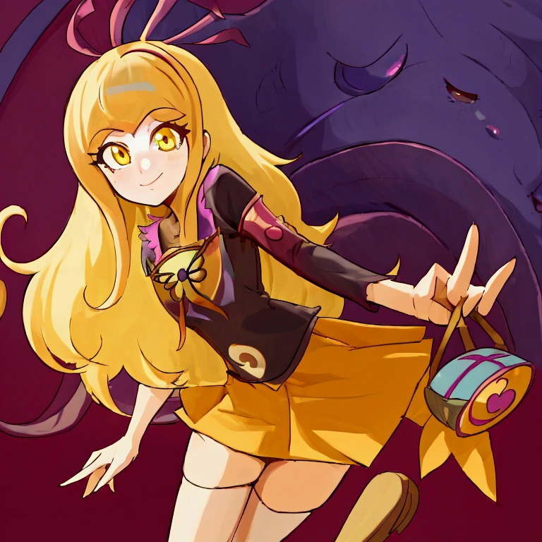 Neeko anime girl with blonde hair and yellow eyes looking at the camera., Stop four *, Junko Enoshima, Moe anime art style, in an anime style, [[[[smiling evilly]]]], anime monster girl, Marisa Kirisame, shikami, Stop four, anime style portrait, perfect anime face