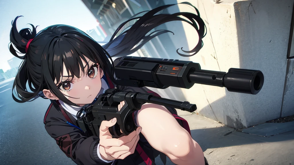 Girl having a gunfight。Black Hair。