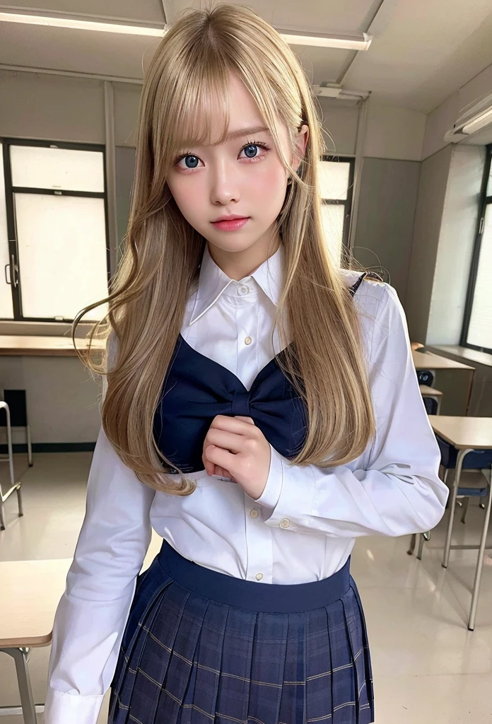 Highest quality, masterpiece,8k, Ultra-high resolution, (Realistic: 1.4), RAW Photos, Dynamic Pose,Blonde,((uniform)),Young,1 girl, Glowing Skin, classroom, Dramatic lighting, whole body, high school girl,(underwear)