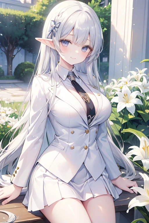young girl,elf, silver hair, silver eyes,beautiful and detailed eyes, big breasts, long hair, happy smile, white shirt,white blazer, white mini skirt, (lily garden )