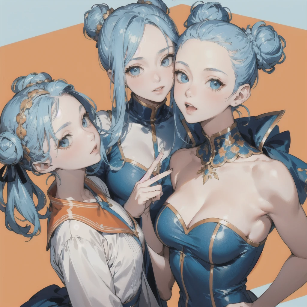 (masterpiece:1.2, Highest quality), 2 women,Gemini images,Sets of clothes with different nuances、Light blue hair, Bun Hair, Twins image,Orange background、Close-up of face