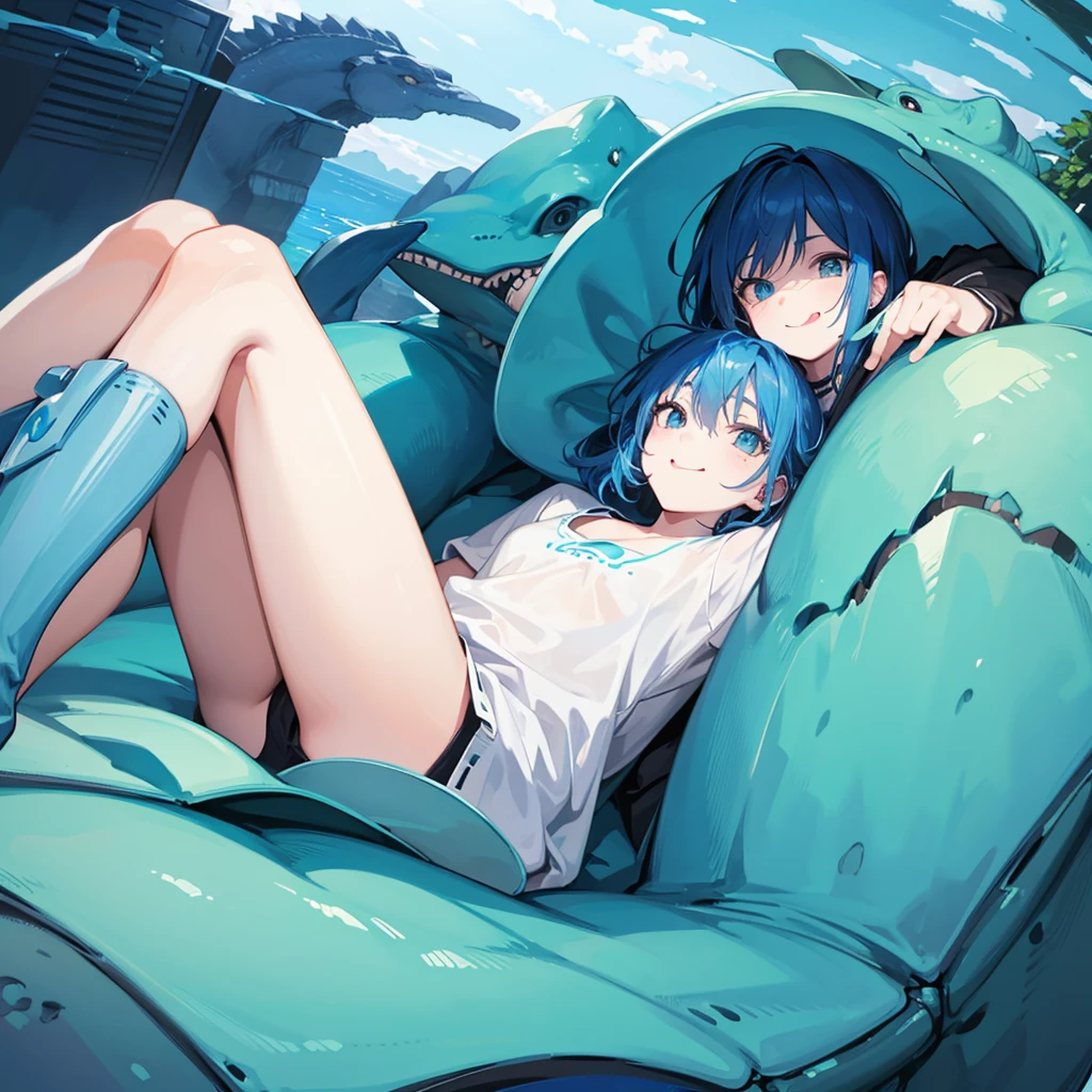 Blue hair boy　Lying down with a cool dinosaur　Illustration smiling, Sticking out tongue, Wide-angle shot, 