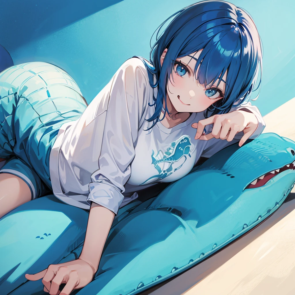 Blue hair boy Lying down with a cool dinosaur Illustration smiling, Sticking out tongue, Wide-angle shot,