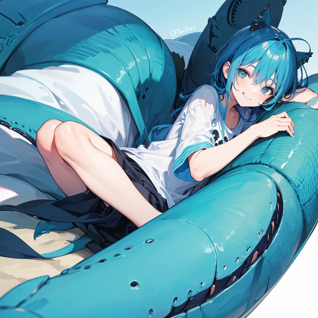 Blue hair boy Lying down with a cool dinosaur Illustration smiling, Sticking out tongue, Wide-angle shot,
