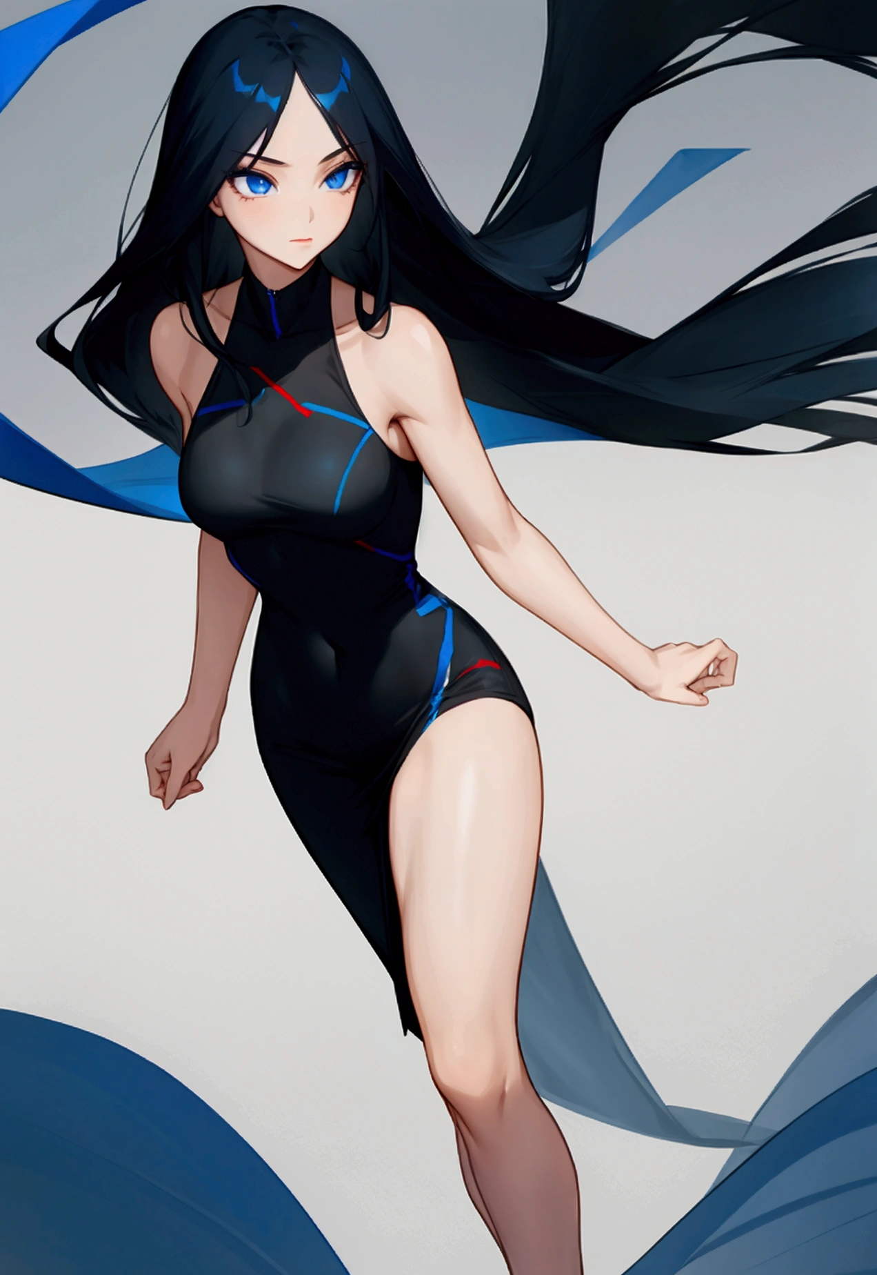 female,long black hair with inner dark blue hair, dark blue eyes,athletic body, elegant black dress,