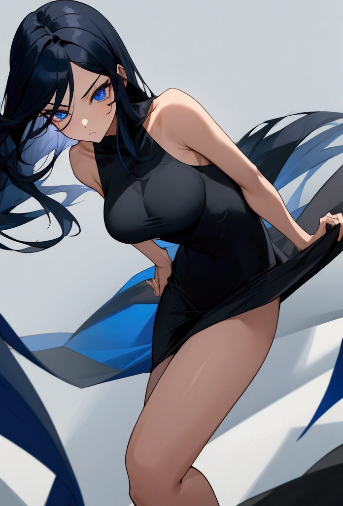 female,long black hair with inner dark blue hair, dark blue eyes,athletic body, elegant black dress,