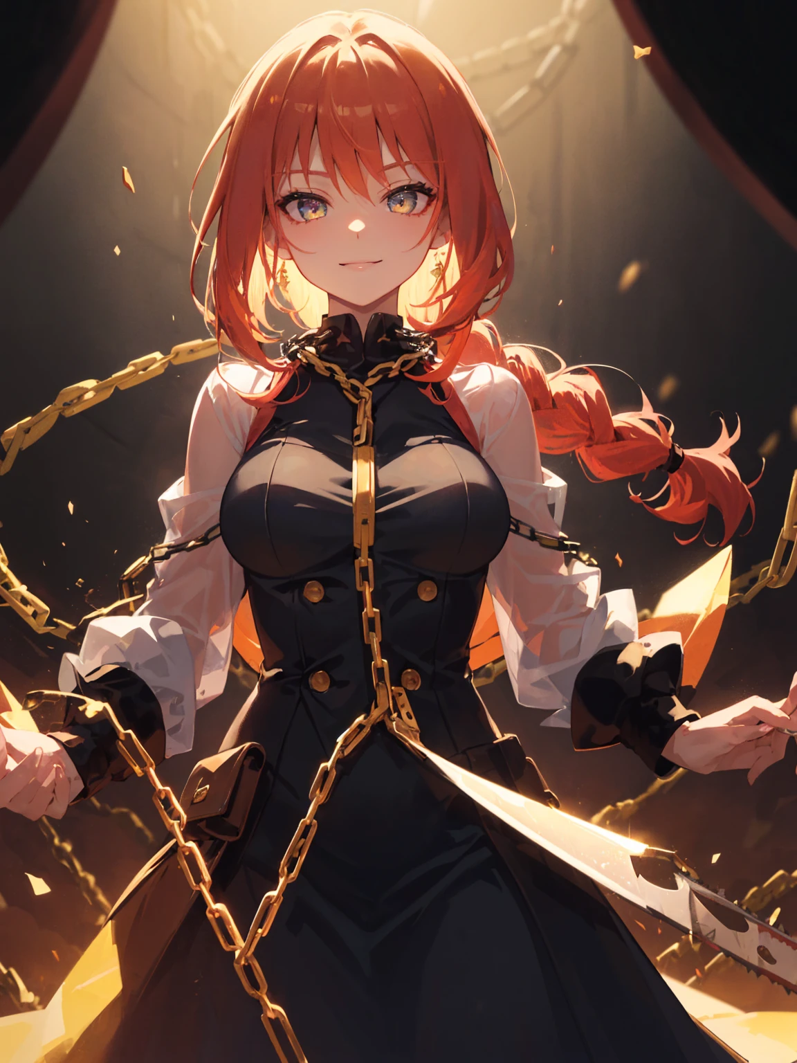 (masterpiece), (best quality), makima with Taylor Swift's face (chainsaw man), best quality, ultra detailed, 1girl, solo, standing, red hair, long braided hair, golden eyes, bangs, perfect breasts, tie, look, smile, (bad: 1.2), looking at the viewer, (interview: 1.3), (dark background, chains: 1.3) breasts out,