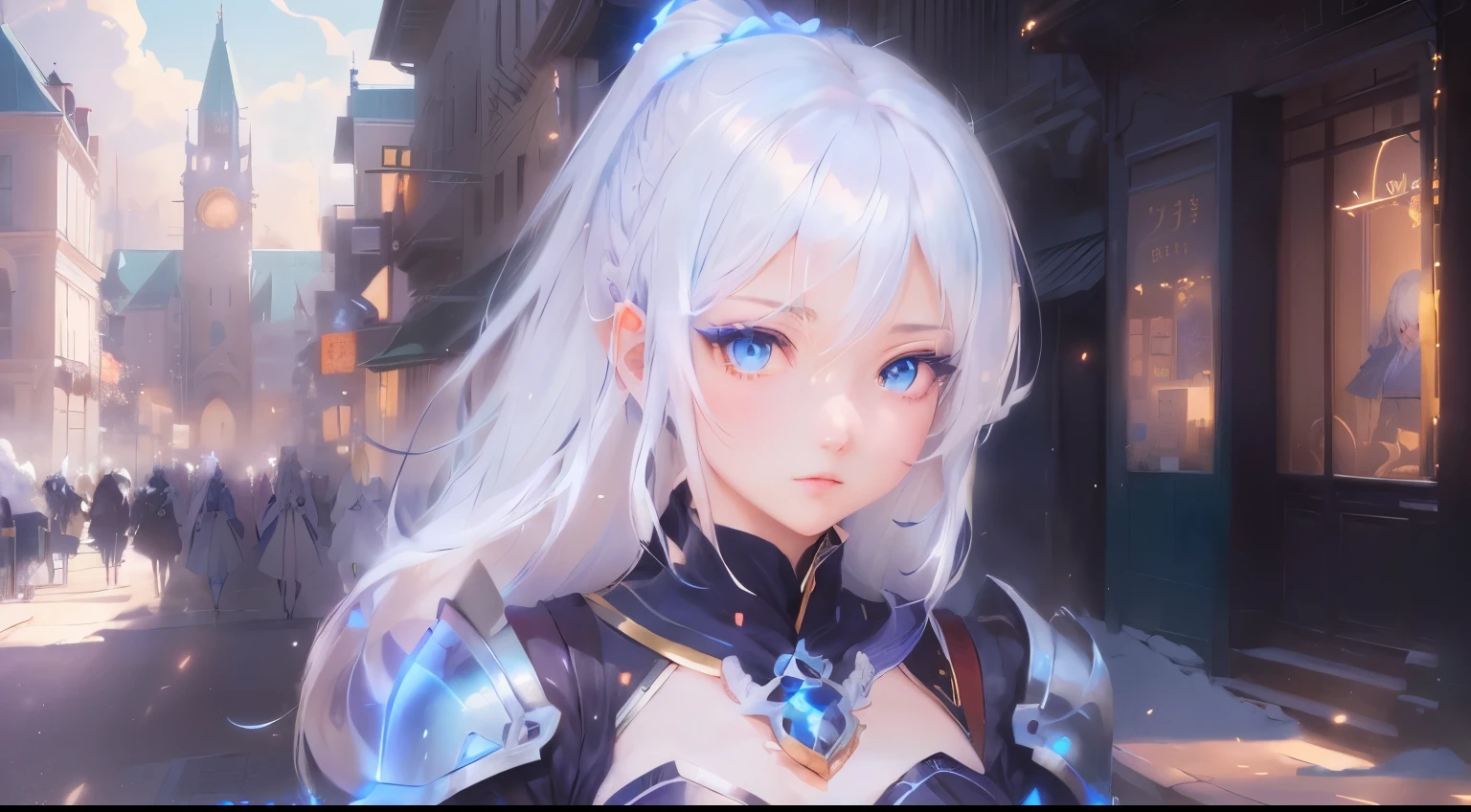 Anime girl with long white hair and blue eyes in the city, Portrait of a girl in the Knights of the Zodiac, Detailed digital anime art, Ayaka Genshin Impact, White Hair Girl, Portrait of a female anime hero, Detailed Anime Character Art, Kschaert Krentz Key Art Feminine, Best anime 4k konachan wallpaper, Perfect white hair girl, Detailed portrait of an anime girl,pass by