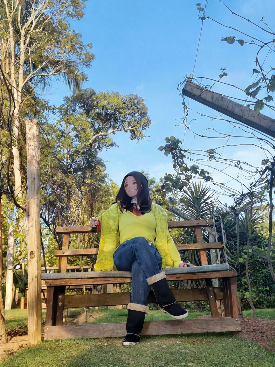 -first love, 1girl, solo, jewelry, plaid dress, looking at viewer, cup, earrings, hat, blue eyes, long hair, coffee cup, plaid, shirt, disposable cup, holding, signature, ring, hair ornament, holding cup, long sleeves, brown hair, upper body, dress, neck ribbon, ribbon, bangs, closed mouth, smile, white shirt, yellow nails, hairclip, nail polish, from side, aqua ribbon, blurry background, beret, plaid shirt, blue ribbon, blurry, brown headwear, bag, breasts, plaid headwear, bracelet