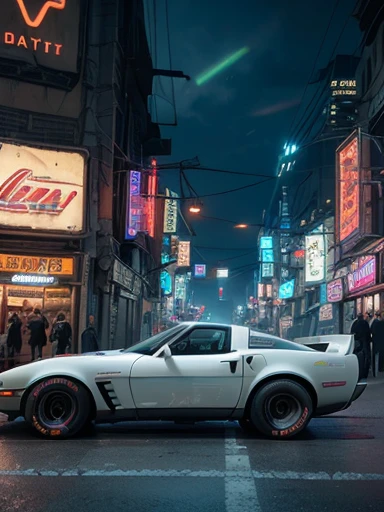 (full body), old chevrolet corvette, ((beatiful detailed cyberpunk city)), ((streets with neon lights)),dutch angle shot, side view