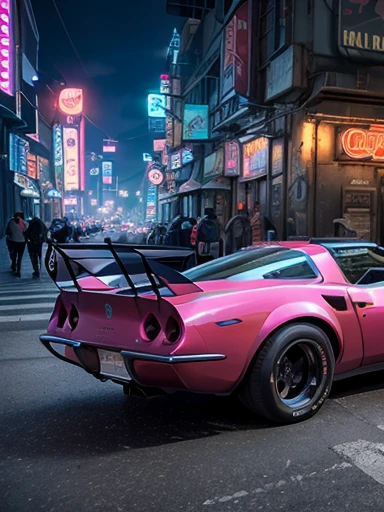 (full body), old chevrolet corvette, ((beatiful detailed cyberpunk city)), ((streets with neon lights)),dutch angle shot, side view