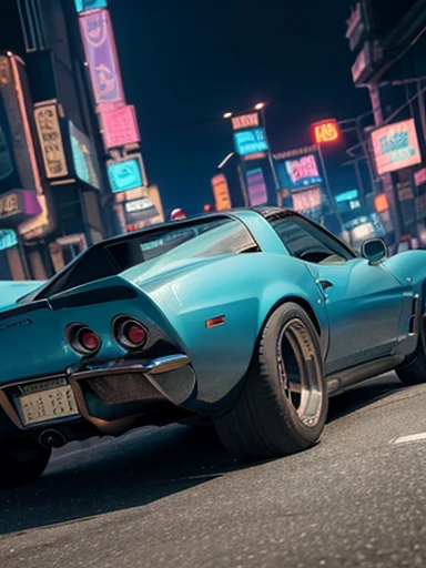 (full body), old chevrolet corvette, ((beatiful detailed cyberpunk city)), ((streets with neon lights)),dutch angle shot, side view