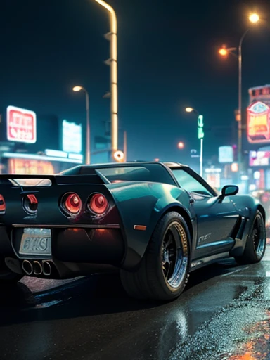 (full body), old chevrolet corvette, ((beatiful detailed cyberpunk city)), ((streets with neon lights)),dutch angle shot, side view