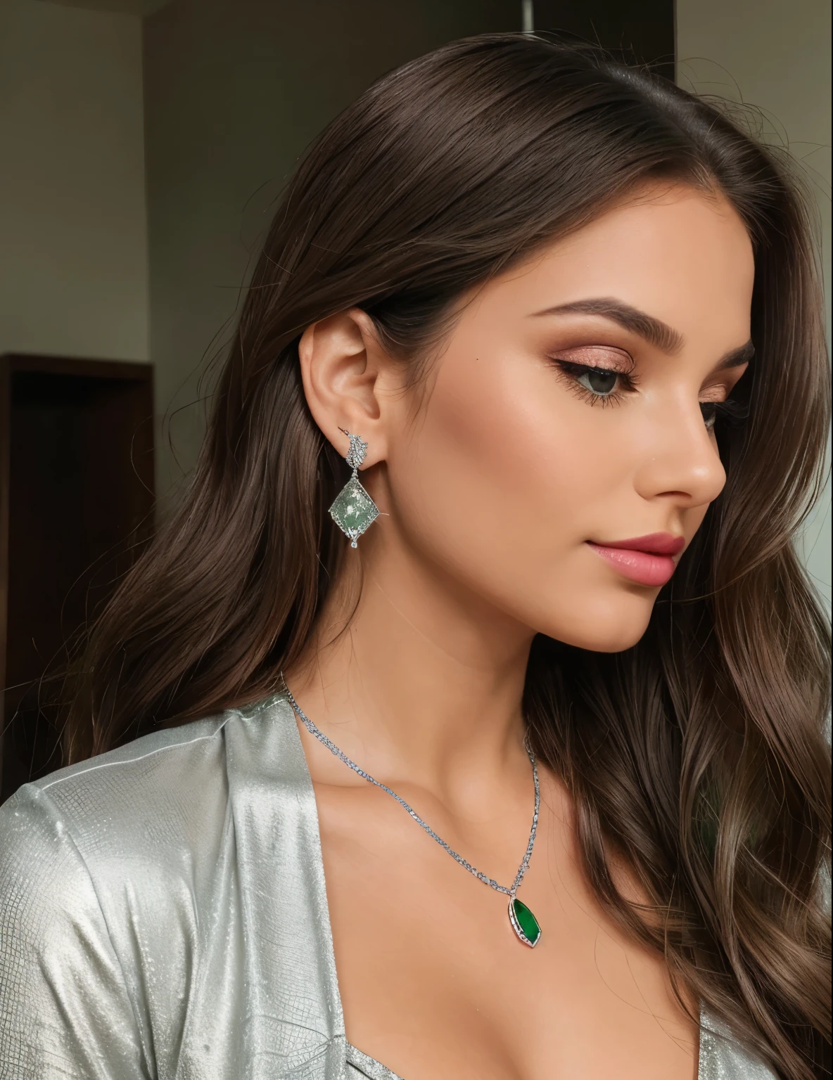Close-up of a woman with long, wavy brown hair. She is wearing silver earrings with green gemstones and a matching necklace. Her makeup includes pink lipstick and dark eye makeup, and she is dressed in a silver embellished garment.