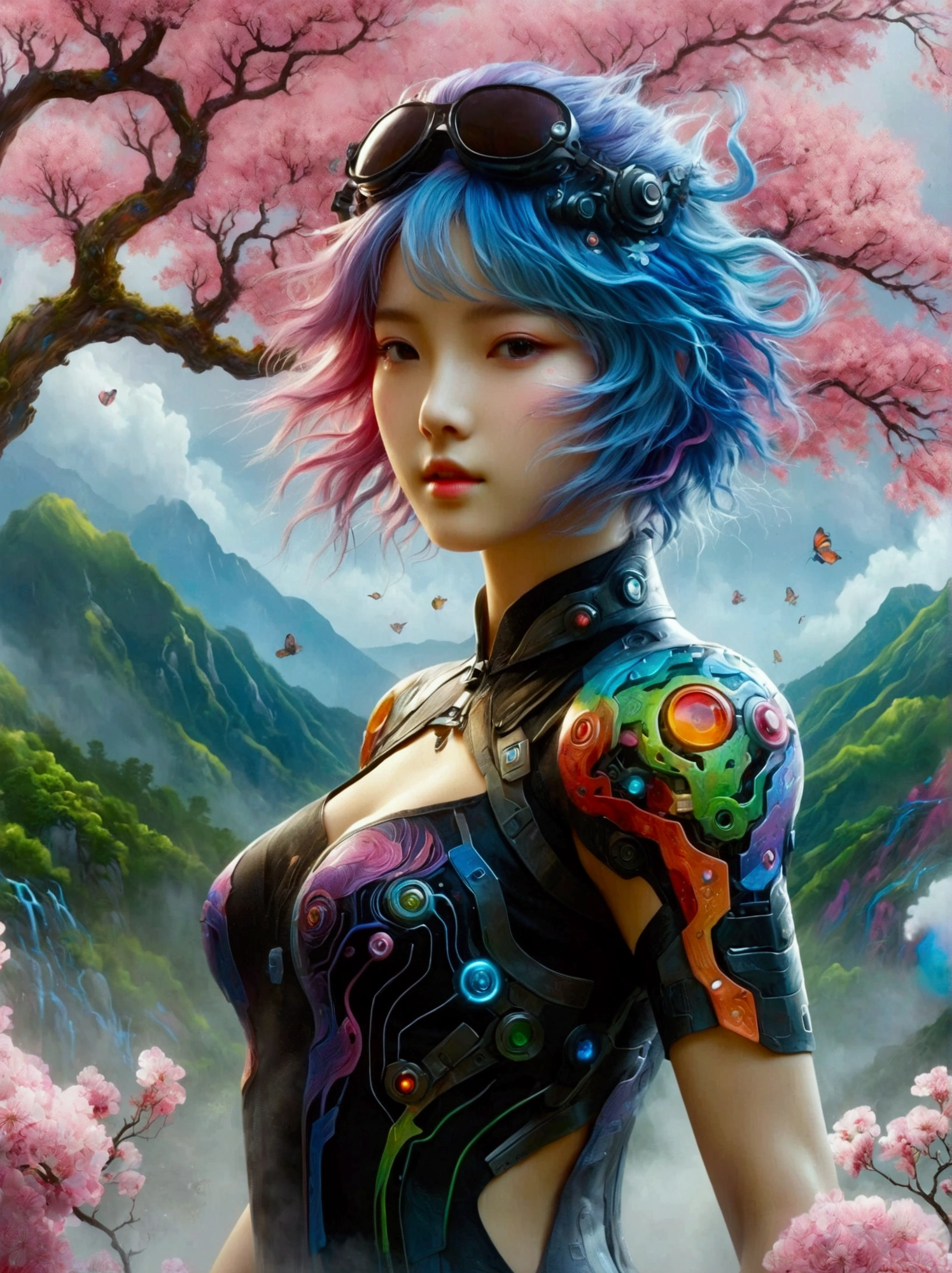 ((Imagine))，((whole body))，1 girl, Wearing a black cheongsam，Arms and Legs，手持电动步枪的Cyberpunk美女，Standing under a cherry tree with pink flowers in full bloom，（Mechanical ceramic high heels:1.5 ），Empty mountain motorcycle style oil painting，in the style of futuristic，Cyberpunk，High Detail, Top quality，Official Art，(Aesthetics and aesthetics:1.2)，(Fractal Art:1.3)，(Facial features of Korean girls:1.8)，(Front view:1.9)，(以广角镜头拍摄whole body的顶级摄影师作品:1.5)，Looking at the audience，(Rainbow hair，Hair color，Half blue and half pink hair:1.2)，masterpiece，Best quality，Anatomically correct，Textured Skin，Super Detail，8k，high resolution，Vibrant colors, Thick Line, wave, Multi-layer, prospect, view, fractal thunder dan mumford , Dan Mumford and Alex Grey Styles, Inspired by Cyril Rolando，Psychedelic Surreal Art, Surreal psychedelic design, Dream Art Style,  Psychedelic Art, Infinite psychedelic waves