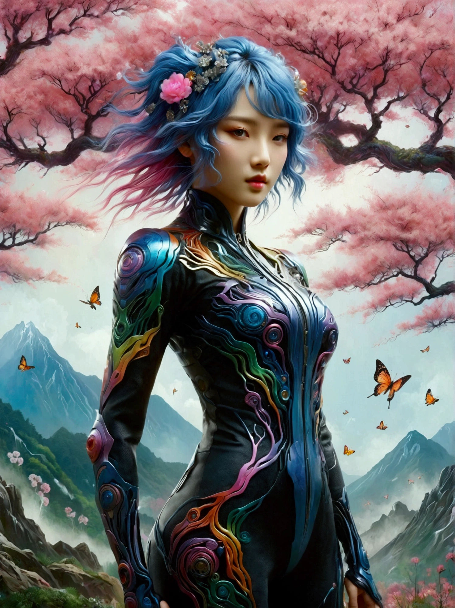 ((Imagine)),((whole body)),1 girl, Wearing a black cheongsam,Arms and Legs,手持电动步枪的Cyberpunk美女,Standing under a cherry tree with pink flowers in full bloom,(Mechanical ceramic high heels:1.5 ),Empty mountain motorcycle style oil painting,in the style of futuristic,Cyberpunk,High Detail, Top quality,Official Art,(Aesthetics and aesthetics:1.2),(Fractal Art:1.3),(Facial features of Korean girls:1.8),(Front view:1.9),(以广角镜头拍摄whole body的顶级摄影师作品:1.5),Looking at the audience,(Rainbow hair,Hair color,Half blue and half pink hair:1.2),masterpiece,Best quality,Anatomically correct,Textured Skin,Super Detail,8k,high resolution,Vibrant colors, Thick Line, wave, Multi-layer, prospect, view, fractal thunder dan mumford , Dan Mumford and Alex Grey Styles, Inspired by Cyril Rolando,Psychedelic Surreal Art, Surreal psychedelic design, Dream Art Style, Psychedelic Art, Infinite psychedelic waves