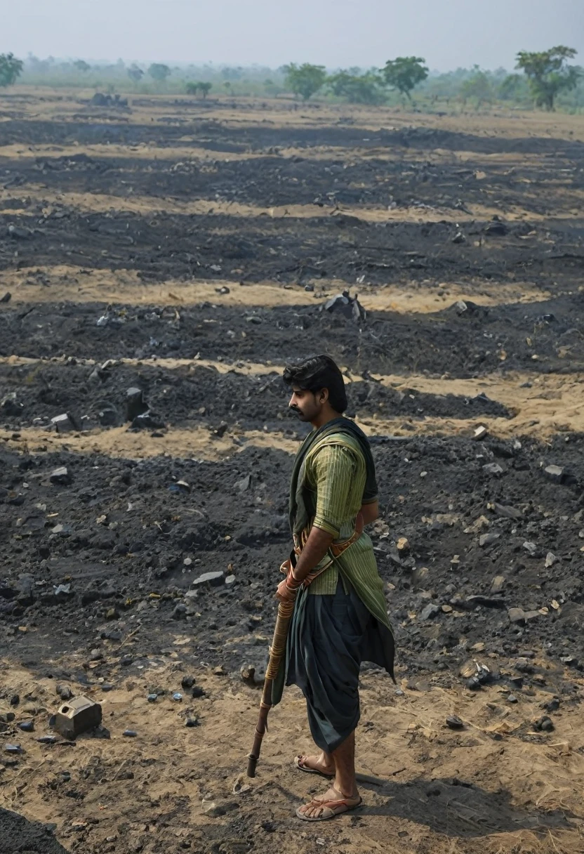 Aadhidev wanders a war-torn battlefield, grieving the loss of his family.