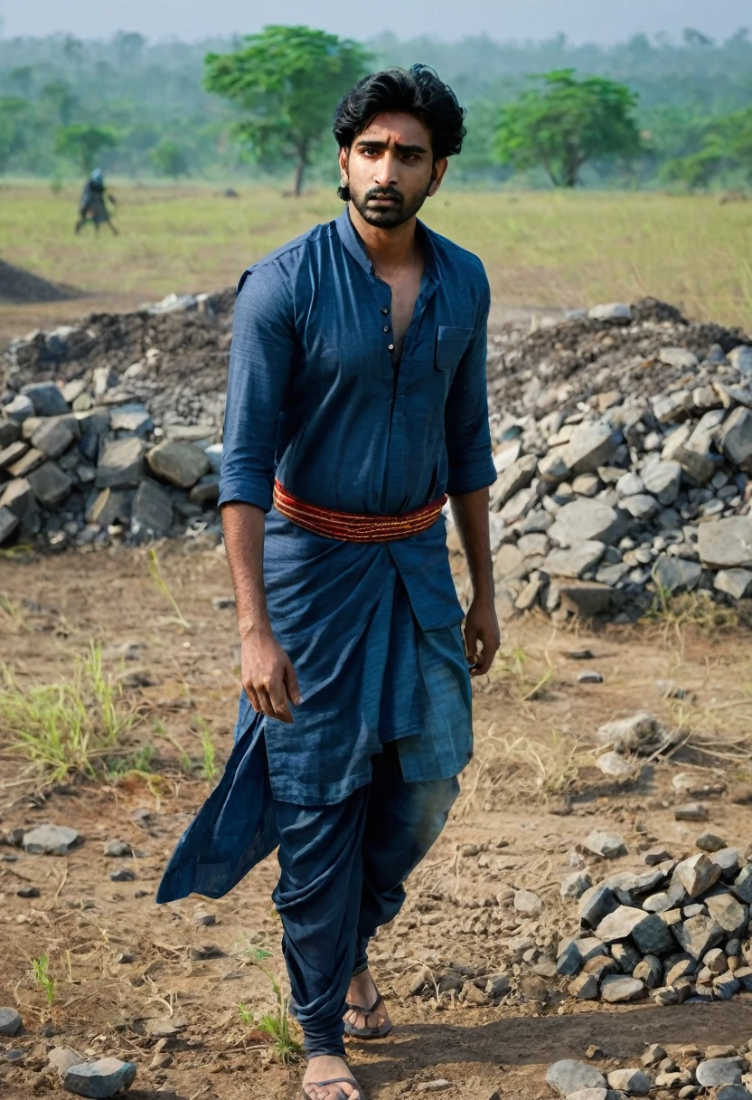Aadhidev wanders a war-torn battlefield, grieving the loss of his family.