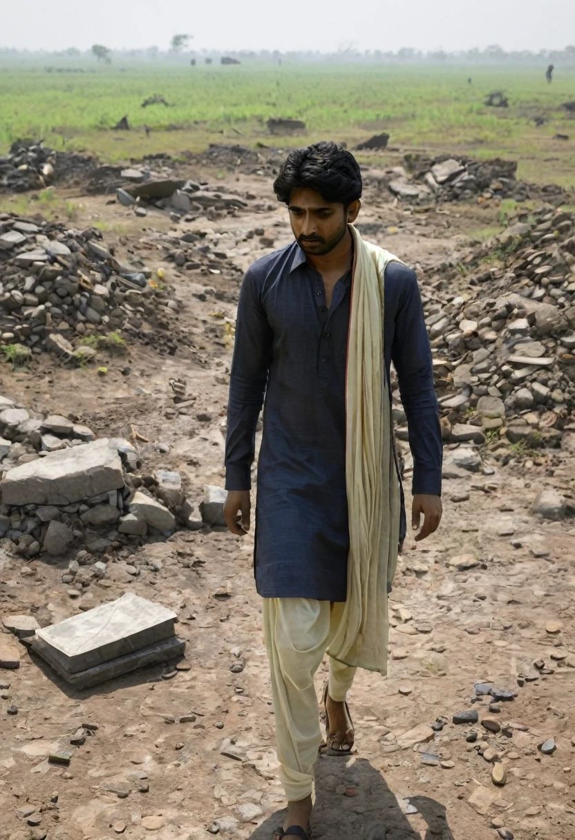 Aadhidev wanders a war-torn battlefield, grieving the loss of his family.