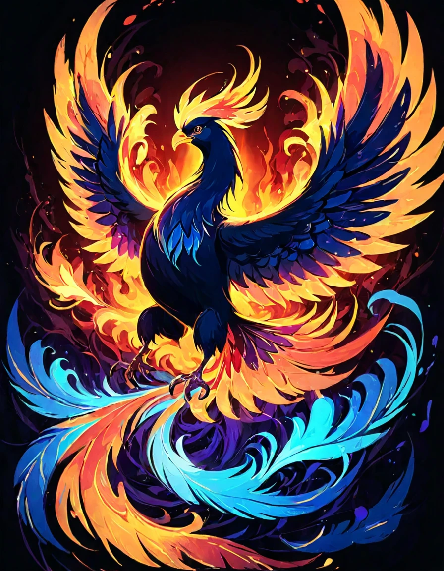 ((((black light poster art)))), design a captivating art piece featuring the essence of a mythical fire phoenix, with its feathers ablaze in radiant hues, surrounded by swirling flames and symbols of rebirth and transformation