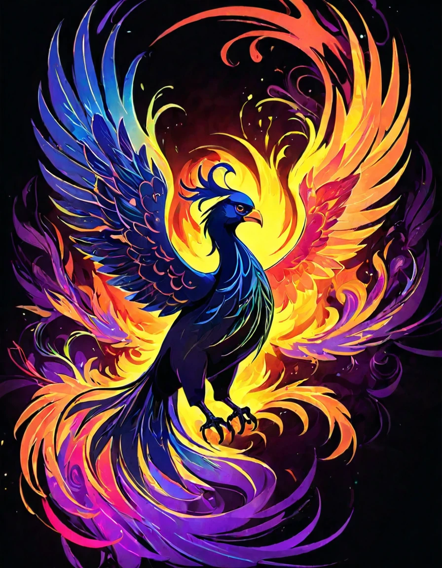 ((((black light poster art)))), design a captivating art piece featuring the essence of a mythical fire phoenix, with its feathers ablaze in radiant hues, surrounded by swirling flames and symbols of rebirth and transformation