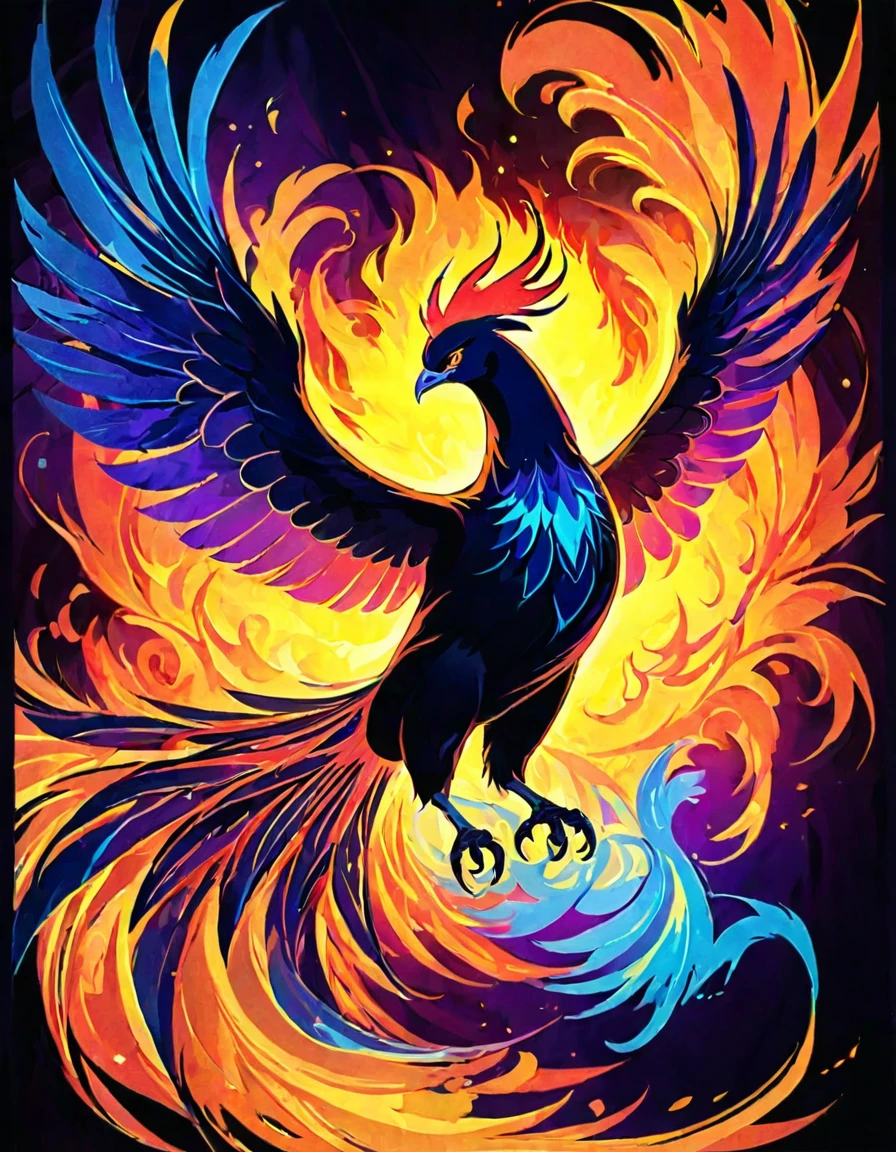 ((((black light poster art)))), design a captivating art piece featuring the essence of a mythical fire phoenix, with its feathers ablaze in radiant hues, surrounded by swirling flames and symbols of rebirth and transformation