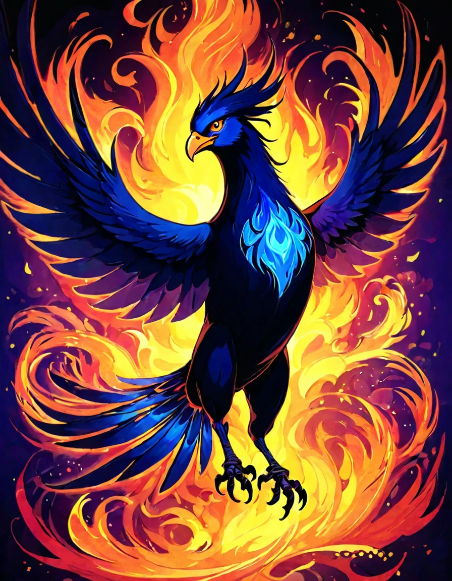 ((((black light poster art)))), design a captivating art piece featuring the essence of a mythical fire phoenix, with its feathers ablaze in radiant hues, surrounded by swirling flames and symbols of rebirth and transformation