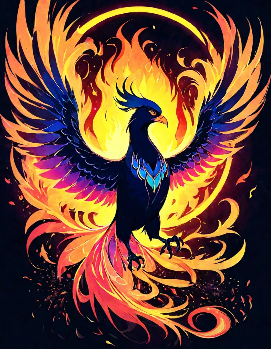 ((((black light poster art)))), design a captivating art piece featuring the essence of a mythical fire phoenix, with its feathers ablaze in radiant hues, surrounded by swirling flames and symbols of rebirth and transformation