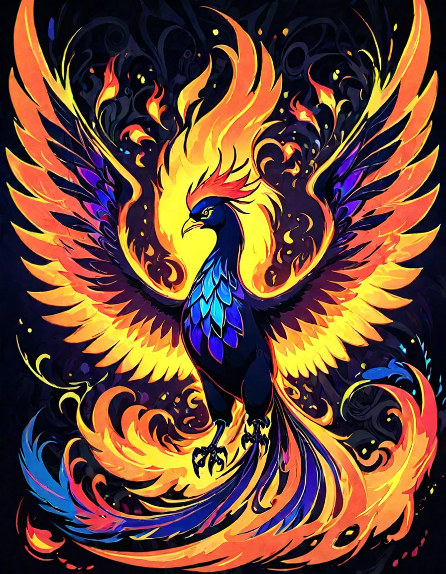 ((((black light poster art)))), design a captivating art piece featuring the essence of a mythical fire phoenix, with its feathers ablaze in radiant hues, surrounded by swirling flames and symbols of rebirth and transformation