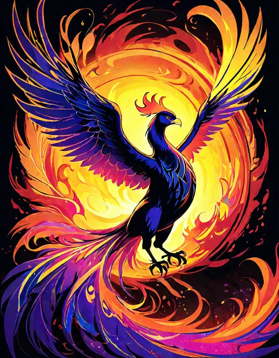 ((((black light poster art)))), design a captivating art piece featuring the essence of a mythical fire phoenix, with its feathers ablaze in radiant hues, surrounded by swirling flames and symbols of rebirth and transformation