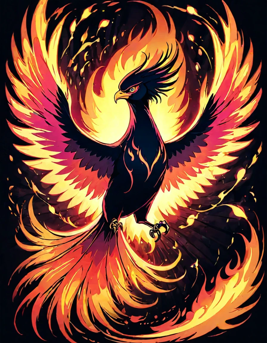 ((((black light poster art)))), design a captivating art piece featuring the essence of a mythical fire phoenix, with its feathers ablaze in radiant hues, surrounded by swirling flames and symbols of rebirth and transformation