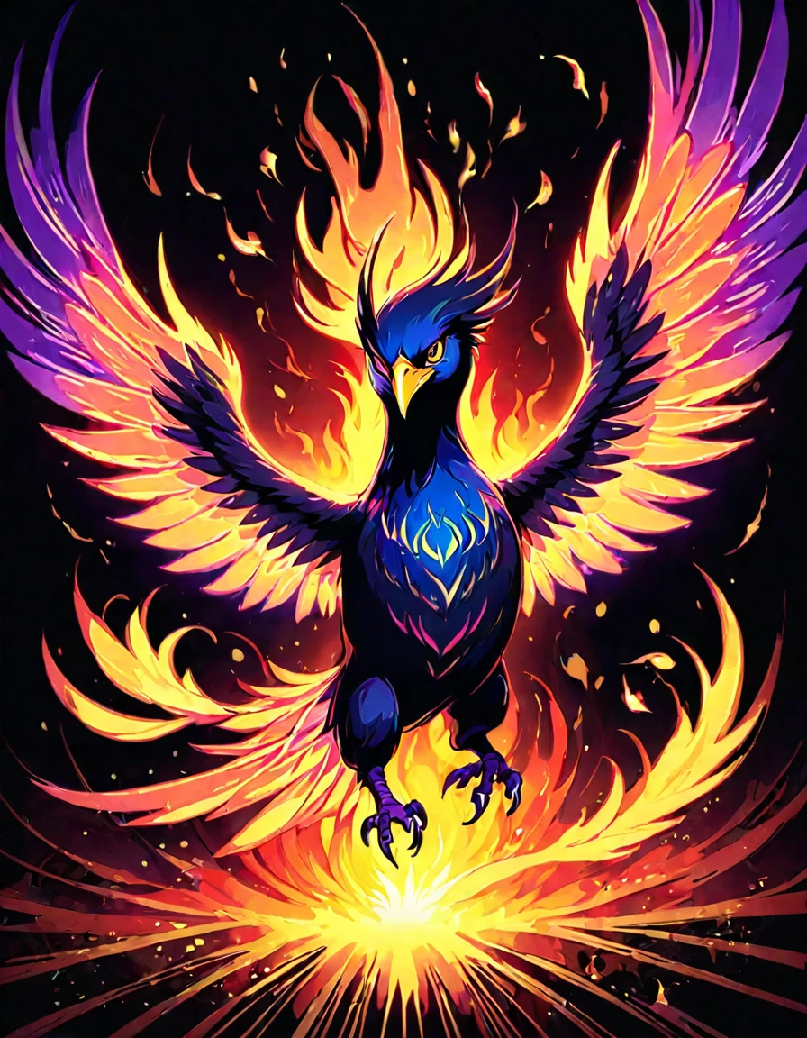 ((((black light poster art)))), design a captivating art piece featuring the essence of a mythical fire phoenix, with its feathers ablaze in radiant hues, surrounded by swirling flames and symbols of rebirth and transformation