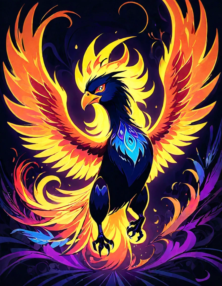 ((((black light poster art)))), design a captivating art piece featuring the essence of a mythical fire phoenix, with its feathers ablaze in radiant hues, surrounded by swirling flames and symbols of rebirth and transformation