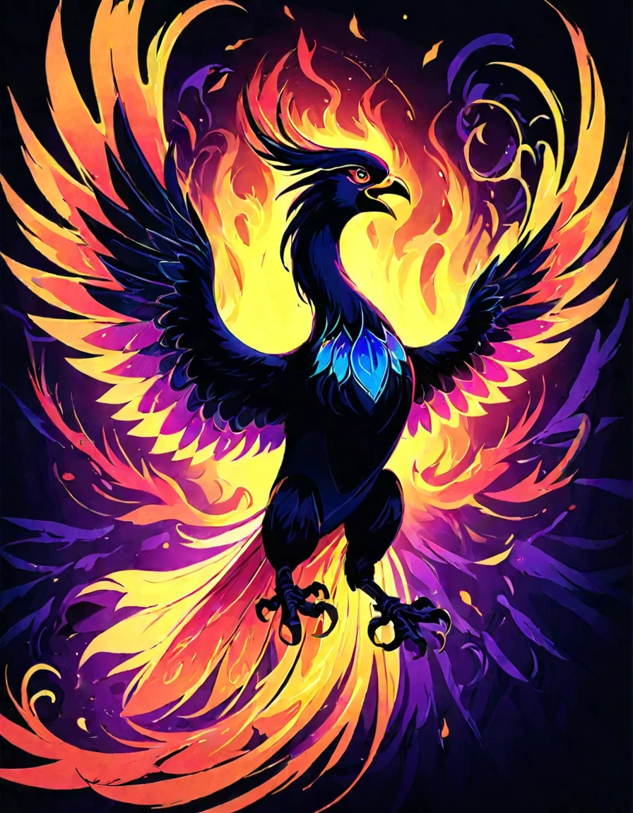 ((((black light poster art)))), design a captivating art piece featuring the essence of a mythical fire phoenix, with its feathers ablaze in radiant hues, surrounded by swirling flames and symbols of rebirth and transformation