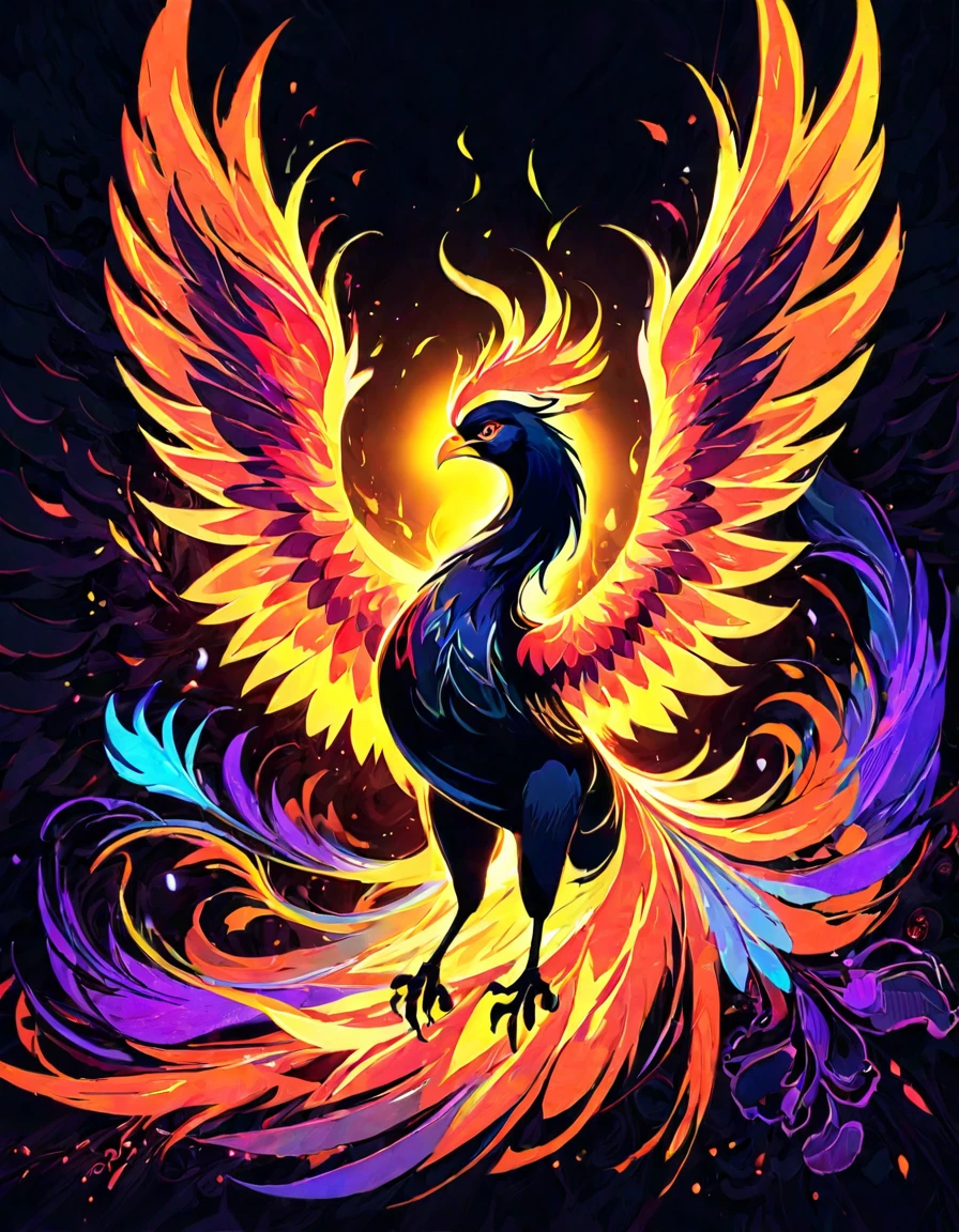 ((((black light poster art)))), design a captivating art piece featuring the essence of a mythical fire phoenix, with its feathers ablaze in radiant hues, surrounded by swirling flames and symbols of rebirth and transformation