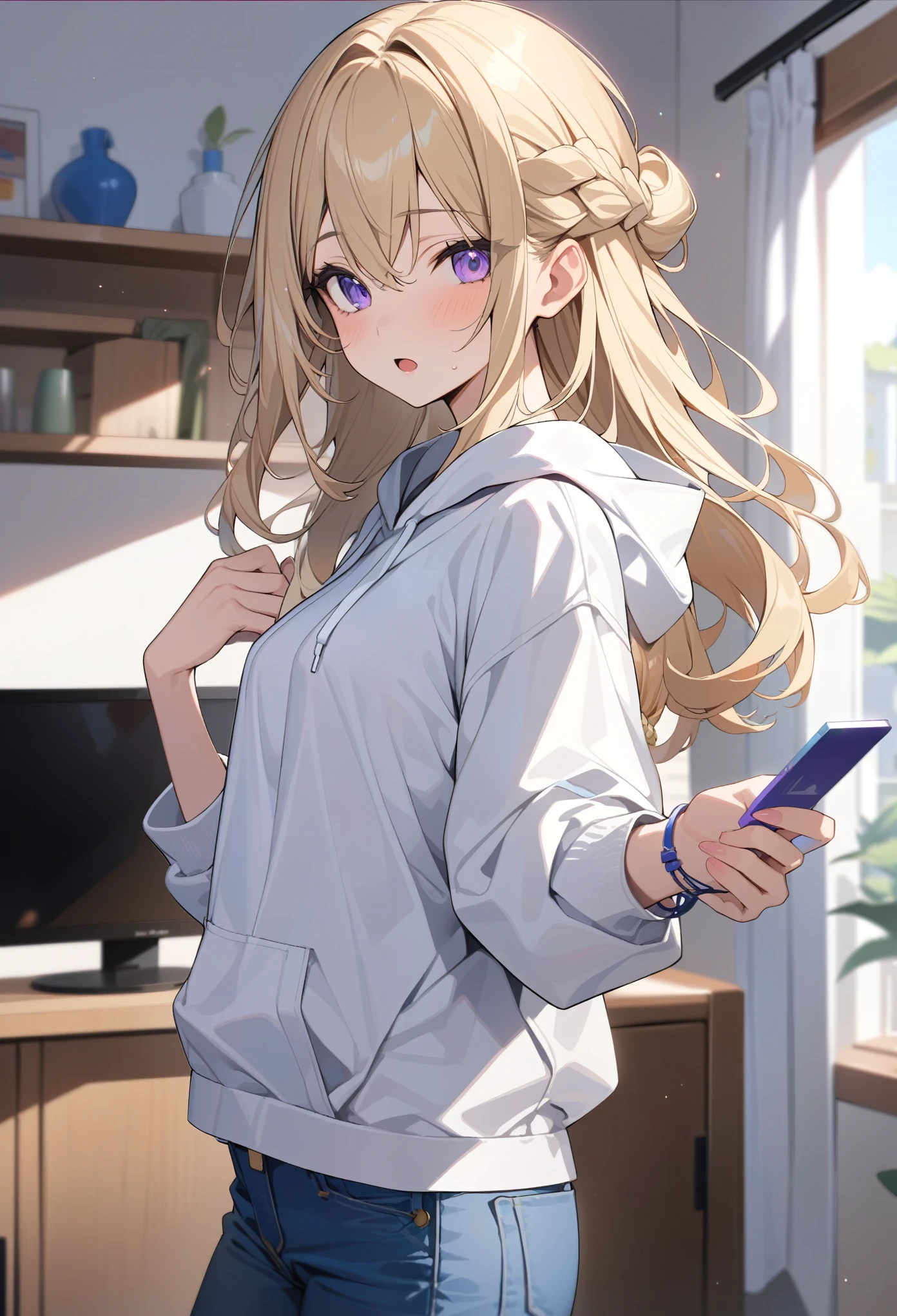 masterpiece, best quality, extremely detailed, ultra detailed, flat anime, 2D,
1girl, (young adult:1.2),blonde hair, (semi-long hair:1.2), curly hair, french braid, medium breasts, purple eyes, tsurime, height 1.7meters,
white hooded sweatshirt, jeans,bracelet, long sleeves,socks,
very interesting, open mouth, USB flash drive in hand,
upper body, portrait, looking back
summer, livingroom, 12AM., standing