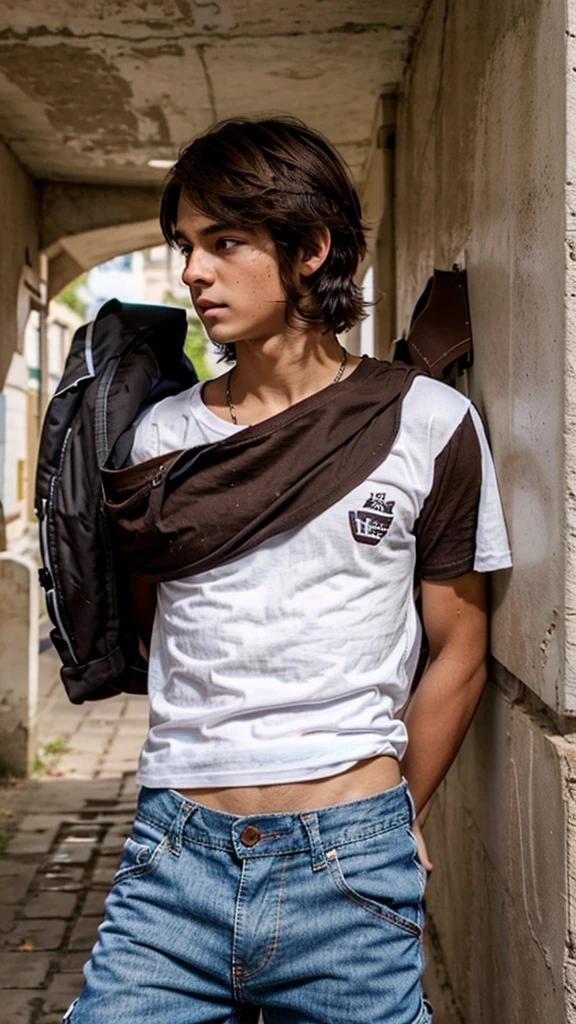 A teenage boy with chocolate brown hair, and dark, perky-shaped eyes, encistado no muro da school all pissed off, He is wearing a loose white t-shirt and light denim cargo pants, he has a good body care, with a triangular shaped face, He doesn&#39;t have a beard, but he has a little mustache, he has a beautiful smile, and a neutral white skin, he is already a teenager and he is tall, with the center part mullet haircut, He is very tall
