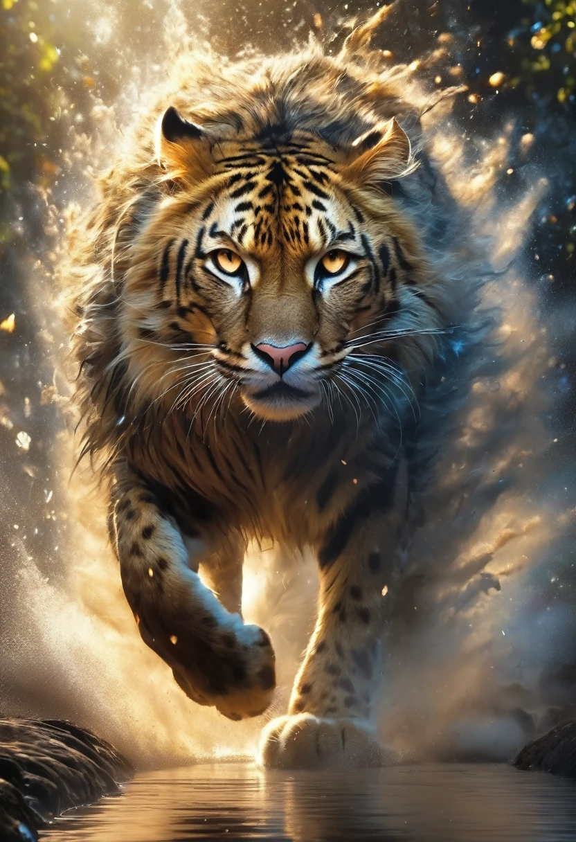 Highest quality, Highest quality, 16K, Unbelievably absurd, Very detailed, delicate and dynamic, Natural light, The particles reflect light, Diffuse reflection of light, Vortex of Light, magical, spooky, super big cat, god of cats, peoples are running away from the big cat