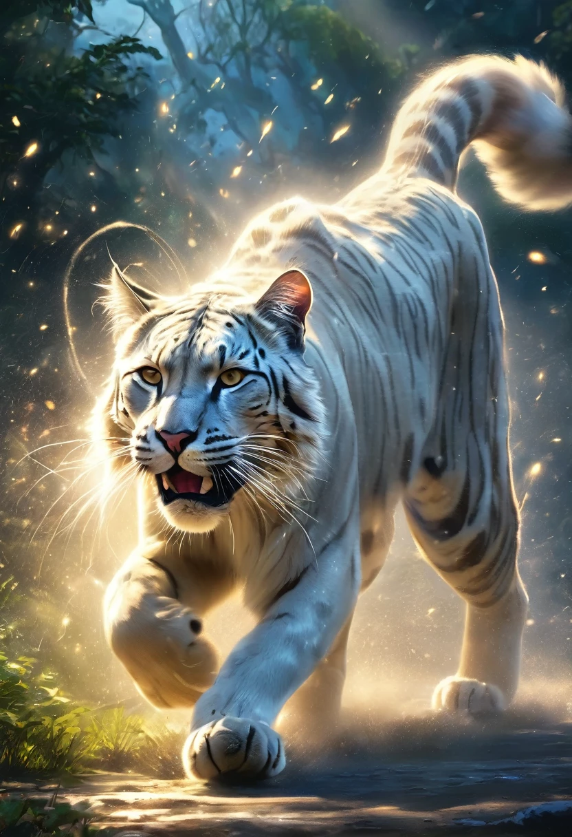 Highest quality, Highest quality, 16K, Unbelievably absurd, Very detailed, delicate and dynamic, Natural light, The particles reflect light, Diffuse reflection of light, Vortex of Light, magical, spooky, super big cat, god of cats, peoples are running away from the big cat