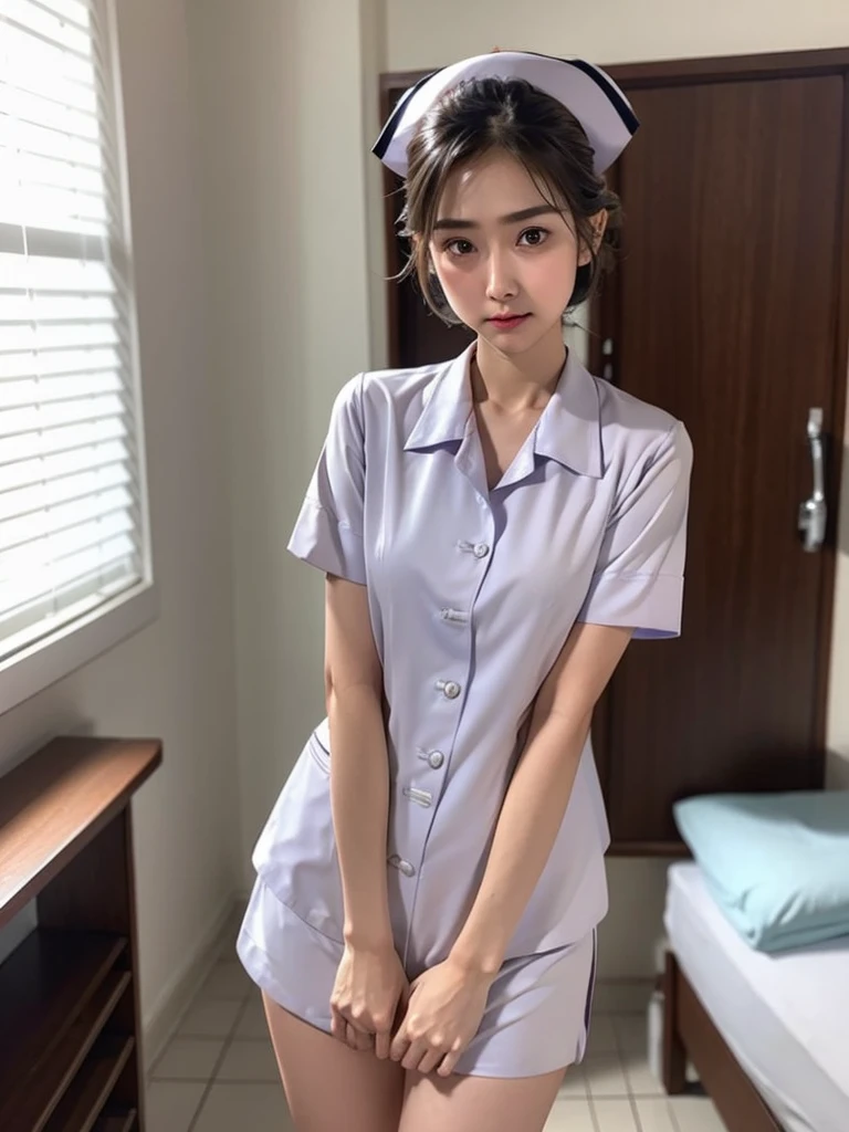 Masterpiece, best quality, 8k, photorealistic, anatomically correct, depth of field, thai nurse, 25 years old, light brown hair, tie hair into a bun, big eyes, Worried expression, Eyes on the camera, Pretending to cry, Long eyelashes, Bloated cheeks, Round nose, Short chin, Smooth and soft skin, Long, slender neck, The figure is very thin., Dark eyebrows, Blush red cheeks, small breasts, Long, slender thighs, Nurse Cap, white nurse uniform, collar shirt, shirt buttons, very short skirt, skirt tug, standing in the middle of the room, Patient bed, hospital ,ahegao, rolling eyes, tongue, tongue out