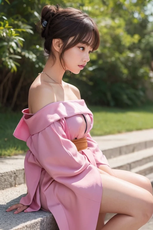 Thrillpress、Off-the-shoulder kimono、Short hem with slits、1 girl、Bob Hair、Brown Hair、Buns、t