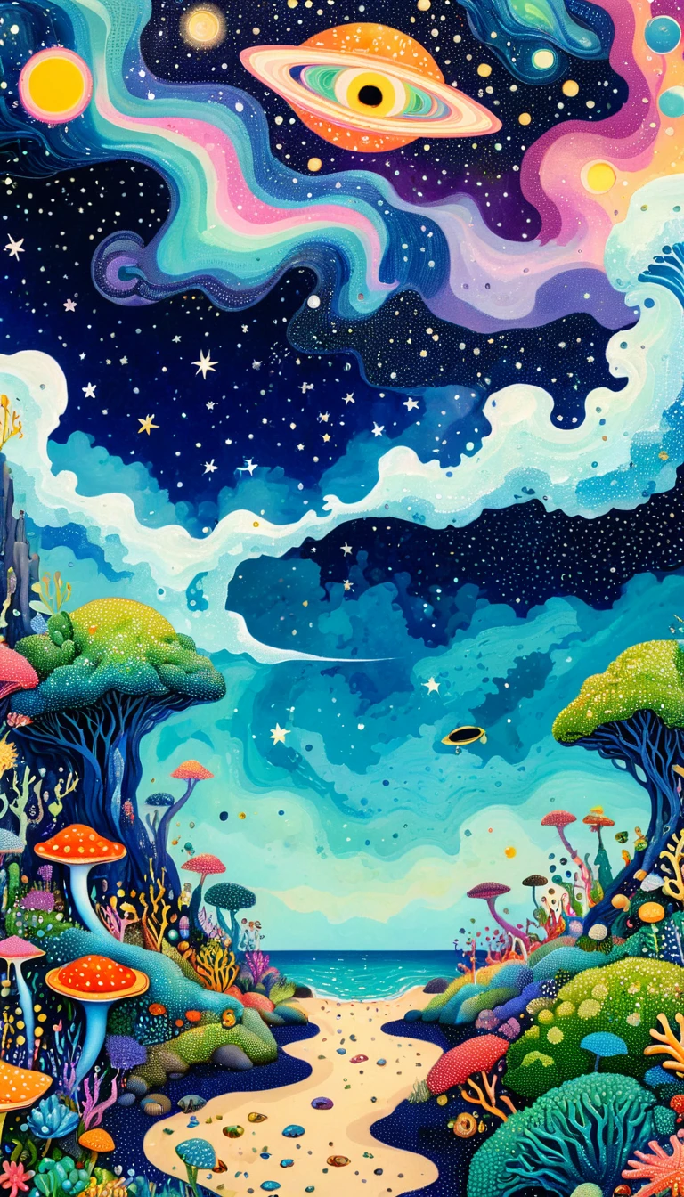plantar、Marine life、Ojo、Starry sky,An abstract painting in the joint,Describing the inner world of autistic people,Sense of space,blank space,Pointillism method,psychedelic art,interesting:1.5
