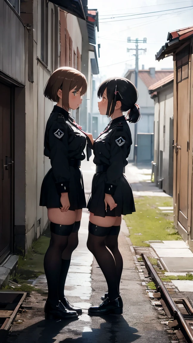 gestapo, female  lesbian kawaii sisters kissing in Auschwitz concentration camp, wearing  uniforms. 8k. masterpiece. best quality.  insignia armband