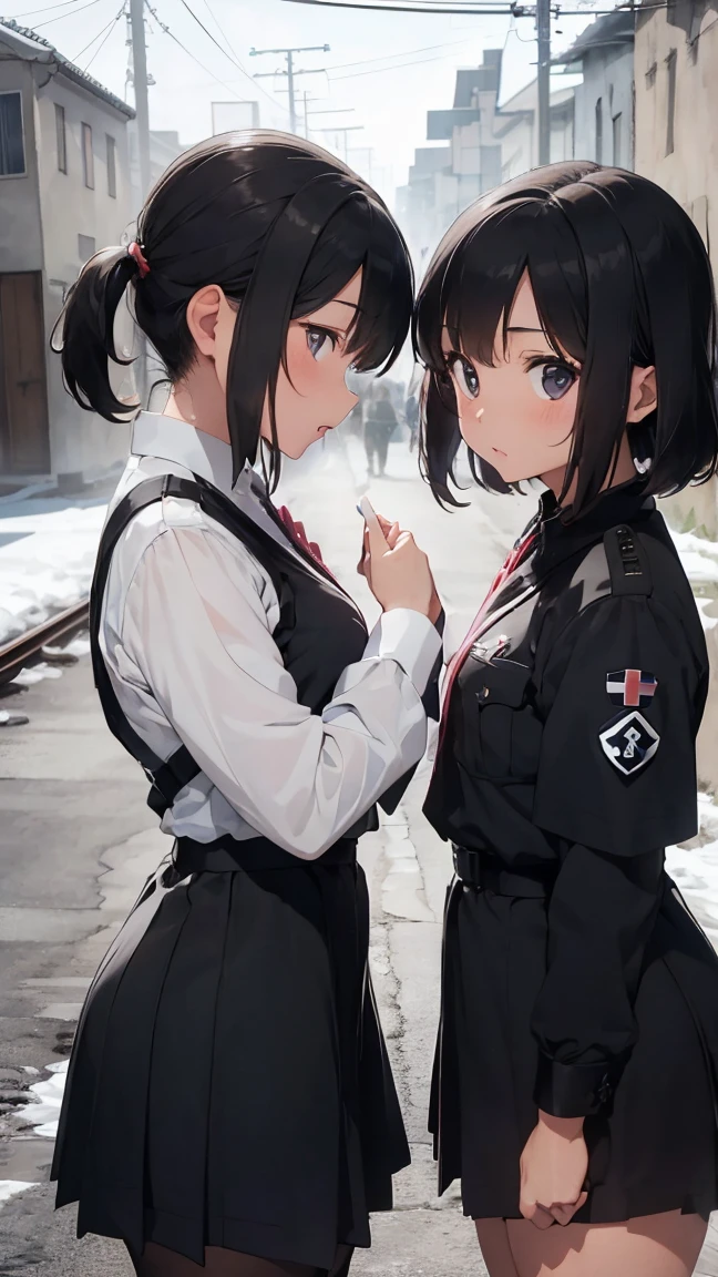 gestapo, female  lesbian kawaii sisters kissing in Auschwitz concentration camp, wearing  uniforms. 8k. masterpiece. best quality.  insignia armband