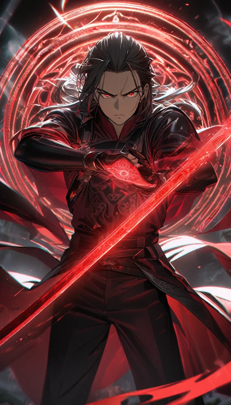 1 boy,hair forehead with red curtain,shiny katana,glowing red supernatural magic circle, serious,calm perfect body,8k,High definition,