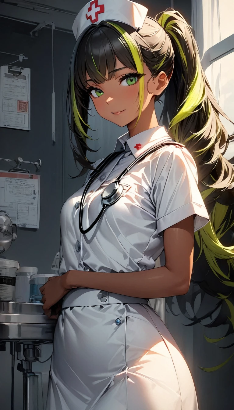 (highest quality:1.2, Very detailed, up to date, Vibrant, Ultra-high resolution, High Contrast, masterpiece:1.2, highest quality, Best aesthetics), Portraiture、girl、((25 years old:1.5)), (slim:1), ((25 years old:1.3)), (detailed cloth texture, nurse uniform, nurse cap, nameplate, stethoscope, karte), in hospital, long hair、ponytail, white and yellow green ((streaked hair:1.6)), highlights hair: 1.5, (small breast,:1) (tan skin:1.1), Bright colors、Beautiful fine details、Beautiful lip detail、cowboy shot, look at viewer