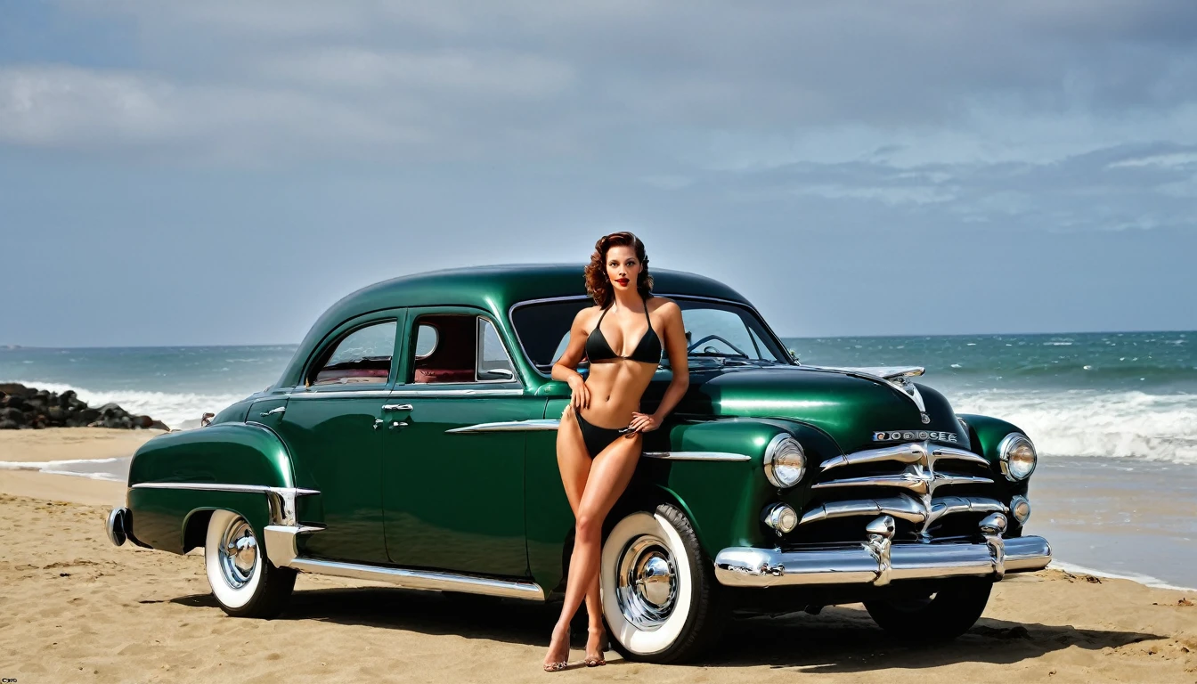 Black car、Naked Women、((Realistic photos of the 1952 Dodge Kingsway Custom)),British Racing Green color、Chrome Mag Wheels, I parked my car at a surf beach on a summer day., Highest quality, Very high resolution, 8k, Girl in bikini with surfboard standing next to car, (The finer details,)