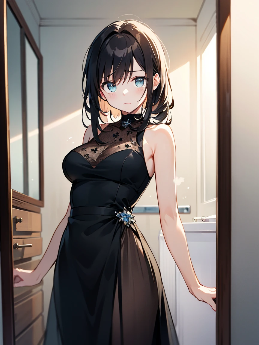 Game style、Beautiful woman、28age、Draw a scene of Misaki standing in front of the bathroom mirror.。Misaki is wearing a transparent black dress with a light mist-like texture.。The dress symbolized her loneliness.、It gives a heavy yet ephemeral feeling.。Her expression is sad and introspective.、I'm looking at myself in the mirror。The background is a simple and contemporary bathroom.、The soft morning light shines in、There's a little bit of steam。The cityscape is faintly reflected in the mirror.。